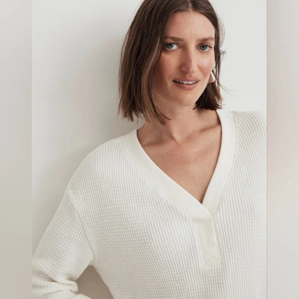 Madewell Classic Brushed Waffle Knit V-neck Long Sleeve Top In Antique Cream XL